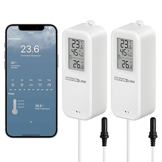 2PC WiFi Refrigerator Thermometer Hygrometer with Alarm, Freezer Temperature with Probe, Wireless Digital Fridge Thermometer Humidity Sensor, Free Data Export for Home Kitchen Fridge Tub