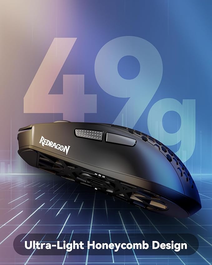 Redragon M725 Honeycomb Shell Gaming Mouse Wireless, Ultra Lightweight 49g, 8000 DPI Tri-Mode BT5.1/2.4GHz/Type-C Wired Gamer Mouse with 2 Side Buttons, Macro Programmable for PC/Mac/Laptop, Black