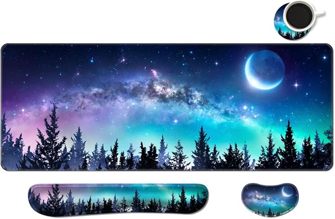 MIBITRI Keyboard Mouse Pad Set, Extended Gaming Mouse Pad+Ergonomics Keyboard Wrist Rest Support, Memory Foam, Easy Typing Pain Relief, 3Pcs XXL Ultra Thick Desk Mat, Moon Forest