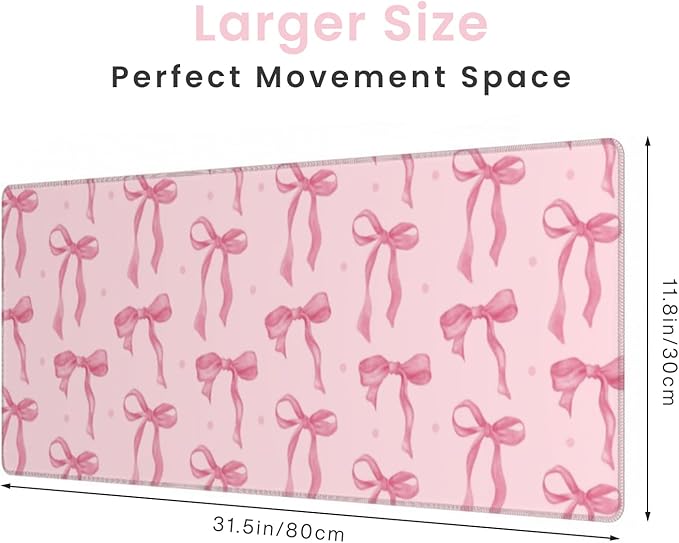 Pink Mouse Pad, Large Pink Desk Mat Bows Computer Mat, Gaming Keyboard and Mouse Pad Non-Slip Rubber Base, Stitched Edge, Cute Girly Office Supplies Desk Accessories Decor for Women 31.5 x 11.8in