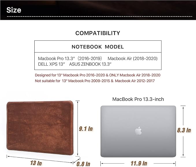 Top Grain Leather 13.3" Slim Laptop Sleeve Protector, Minimalist Vintage Design, Fully Handmade, Compatible with MacBook Pro 13.3" MacBook Air 2022 DELL XPS 13" & Other PC, Brown 13.3 Inch