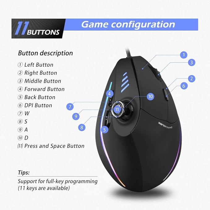 zelotes Wired Gaming Mouse with Joystick,10000DPI,11 Programmable Buttons,RGB,USB Optical Corded Vertical Ergonomic Mouse,Mice for Laptop,PC,Mac,Black