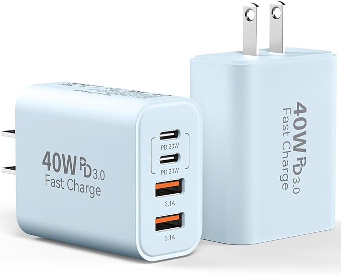 USB C Wall Charger Block, 2Pack 40W 4-Port C Charger Fast Charging Block PD Power Adapter +QC 3.0 USB A Wall Plug Multiport Type C Box Cube for i Phone 15/14/13/12/11 Pro Max, pad, Galaxy, Blue