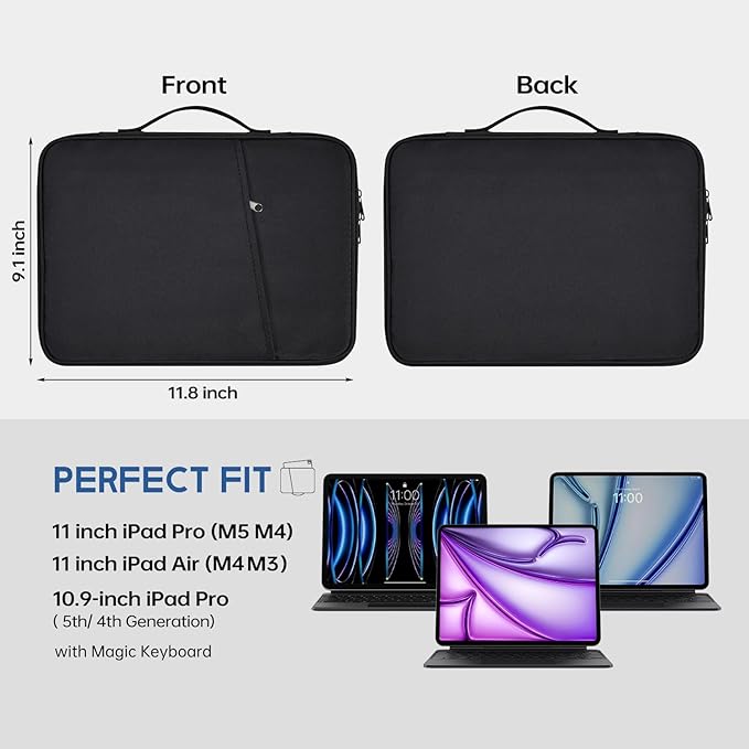 9-11 inch iPad Sleeve Case, Padded Travel Carrying Bag for 11-inch iPad Pro M5 M4 & iPad Air M2 M3 M4(2026) w/Magic Keyboard,11-in A16 Shockproof Handle Bag Cover Accessory Pocket -Black