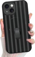 KANGHAR Compatible with iPhone 15 Case, Support for MagSafe, Silicone Stripes Cute Pattern, Wristband Kickstand Camera Protection Soft Slim Cover for Girls Women -Black