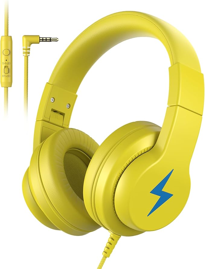 Candy Bila Kids Headphones, Wired Headphones for Kids Over Ear with Microphone, 85/94dB Volume Limiter Headphone for Girls Boys, Foldable Headphone for Learning & Entertainment, Yellow