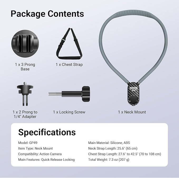 NEEWER Neck Mount Compatible with GoPro DJI Insta 360 Action Cameras, Quick Release Neck Holder with Air Cushion & Adjustable Chest Strap, Accessories Kit for POV Vlogging Video Recording, GP49
