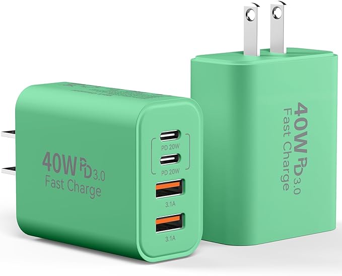 USB C Charger Block, 2Pack 40W 4 Ports Type C Fast Phone Charging Cubes PD Wall Plug+QC 3.0 USB A Charger Head Power Brick Box for iPhone 16/15/14/13/12/11 Pro Max, Pad, Galaxy, Pixel, Deep Green