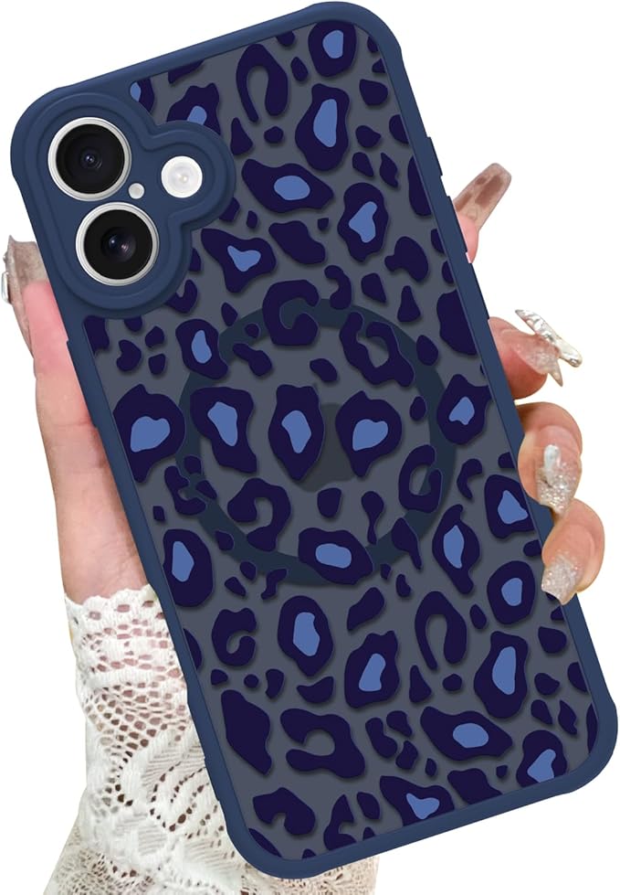 KANGHAR Case for iPhone 16 Blue Leopard Printed Pattern Cute Cheetah [Compatible with Magsafe] Protective Magnetic Case for Girls Women 6.1"