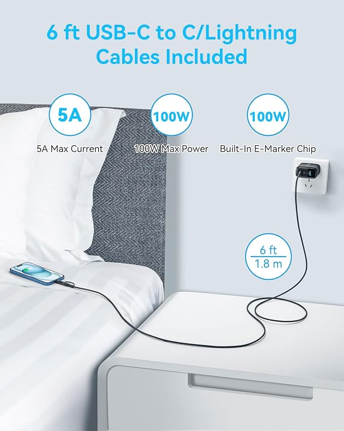 65W USB C Charger Block, MINLU GaN 3-Port Compact Fast PPS Wall Charger with 100W 2 in 1 USB-C to C/L Cable,Fast Charging for MacBook Pro/Air,iPad,iPhone 17 16 15 Series,Galaxy S25 UItra PS - 2Pack