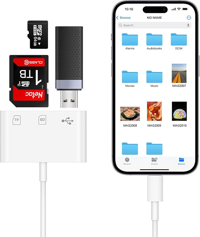 SD Card Reader for iPhone, 3-in-1 Lightning to SD Card Reader Micro SD Digital Camera Adapter Compatible with iPhone 14 13 12 11, Plug & Play