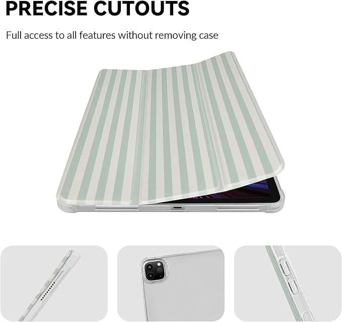 Lovmooful Compatible for iPad Pro 11-Inch,2022/2021/2020/2018 Model(4th/3rd/2nd/1st Generation) Case with Pencil Holder Cute Striped with Aesthetic Design Soft TPU Trifold Stand Protective-Green