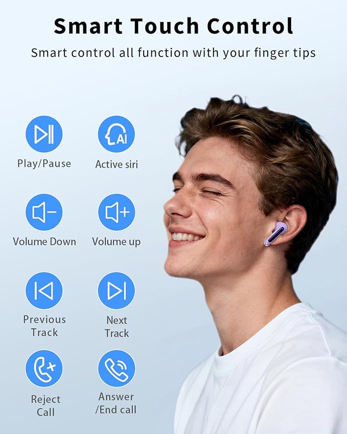 Wireless Earbuds, Bluetooth 5.4 Headphones with 50H Playback, Deep Bass Stereo Ear Buds Clear Calls with LED Power Display, IPX7 Waterproof, in-Ear Earphones with Mic for Phone/Android/iPad, Purple
