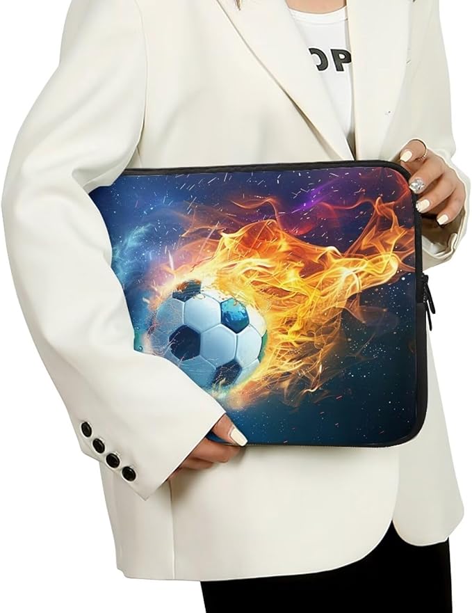Water Flame Football Computer Sleeve for Men 10 InchLaptop Sleeve Neoprene Laptop Covers with Padded Compartment Lap Top Case Soccer Computer Carrying Bag
