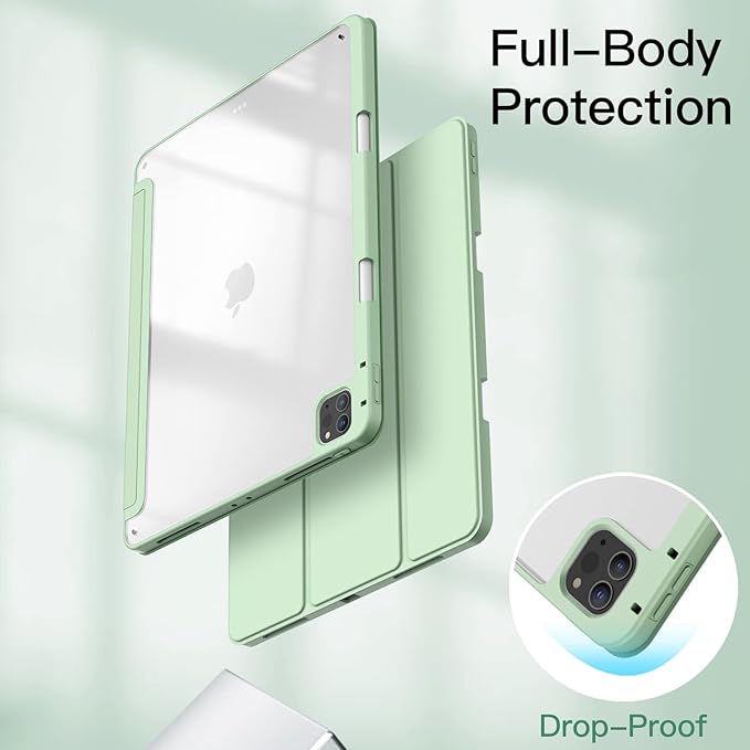 JETech Case for iPad Pro 12.9-Inch (2022/2021/2020/2018) with Pencil Holder, Clear Transparent Back Shell Slim Stand Shockproof Tablet Cover, Auto Wake/Sleep (Matcha Green)