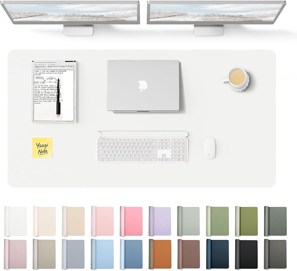 YSAGi Leather Desk Protector, Office Mat, Large Mouse Mat, Non-Slip PU Leather Blotter, Laptop Desk Pad, Waterproof Writing Pad for Office and Home (White, 47.2" x 23.6")