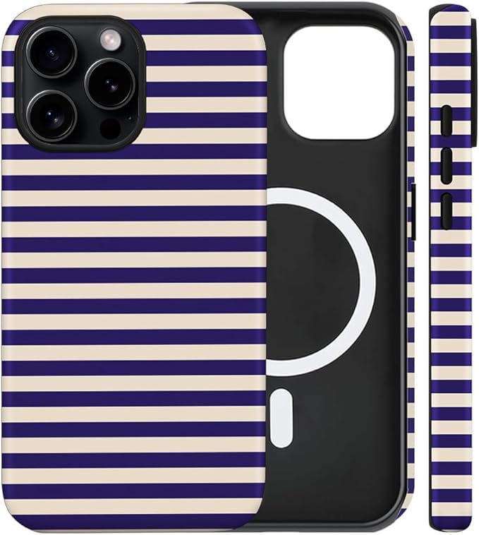 Magnetic for iPhone 14 Plus Case Cute Stripes Phone Case, Shockproof Slim TPU and Hard PC Protective Phone Cover Compatible with MagSafe Designed for Women Girls, Blue&Apricot