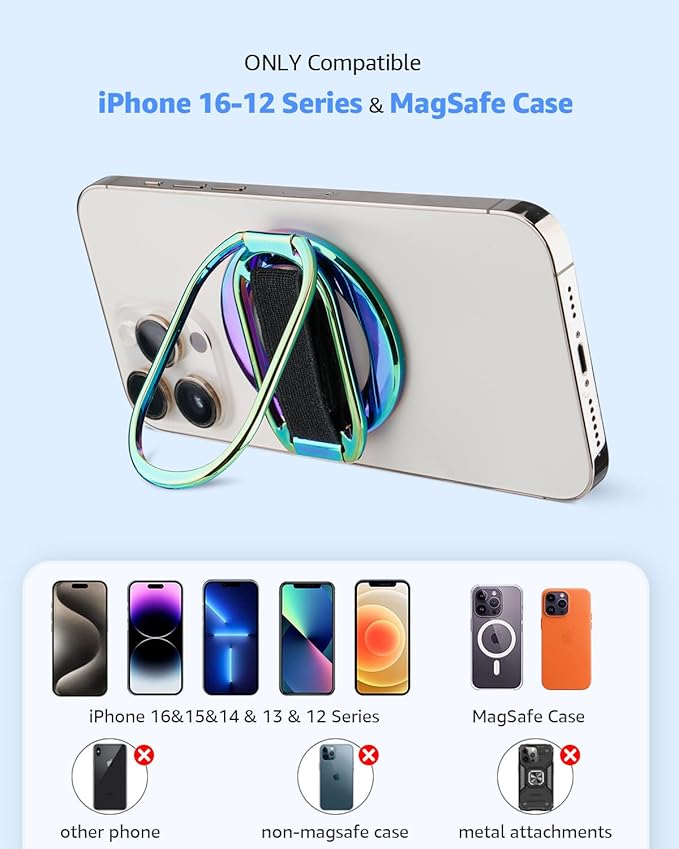 [2025 Upgraded] SUPERONE for MagSafe Phone Grip for MagSafe Kickstand Compatible with Mag Safe Finger Loop, 4-in-1 Phone Ring Holder Strap for iPhone 17/16/15/14/13 Series and Mag Safe Case - Colorful