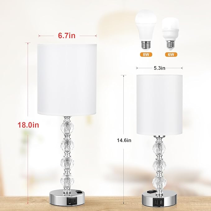 Touch Bedside Crystal Lamps for Bedrooms Nightstand with USB C+A Charging Port and AC Outlet White, 3 Way Dimmable Silver Large End Side Table Lamp for Living/Guest/Dinning Room/Kitchen