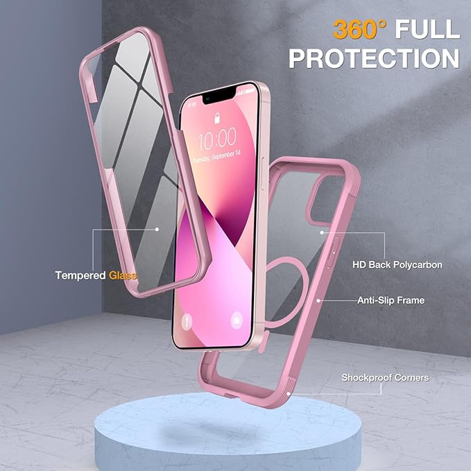 Miracase for iPhone 13 mini Case 5.4",Full-Body Protection,Clear Bumper Case with Built-in 9H Tempered Glass Screen Protector,Military-Grade Drop Protection Outdoor Phone Case for 13 mini,Dark Pink