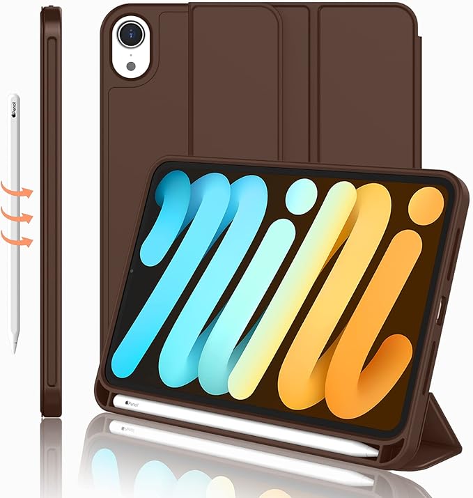 iMieet iPad mini 7 Case 2024 (A17 Pro), iPad mini 6 Case (8.3-Inch,2021 Model), iPad mini 7th/6th Generation Case with Pencil Holder, Trifold Stand Smart Case with Soft TPU Back,Chocolate