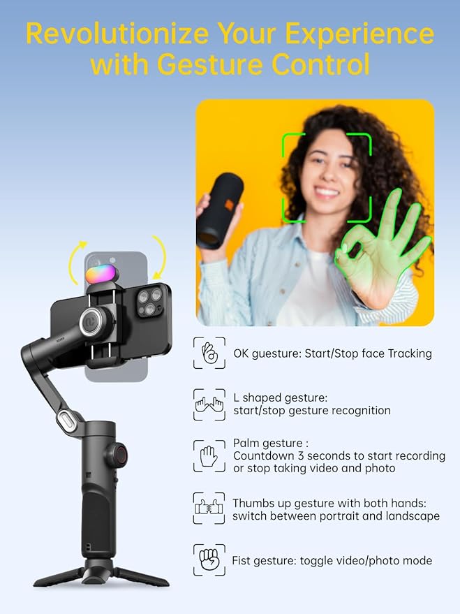 AOCHUAN 3-Axis Gimbal Stabilizer for iPhone Gimbal with RGB Magnetic Fill Light Upgraded Face Tracking Focus Wheel Foldable Smartphone for iPhone/Android Phone Stabilizer Vlog Recording Smart XE Kit