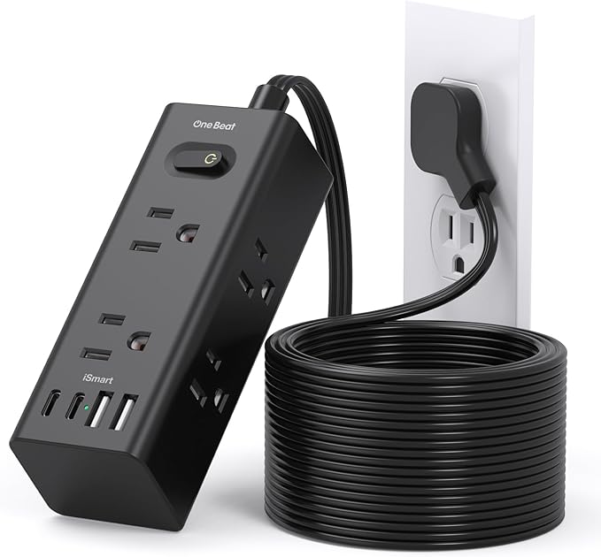 15Ft Extension Cord with Multiple Outlets, Flat Plug Power Strip Surge Protector with 15 Ft Long Cord, 6 Outlet 4 USB Ports (2 USB C), Multi Outlet Wall Plug for College, Dorm Room Essentials(Black)