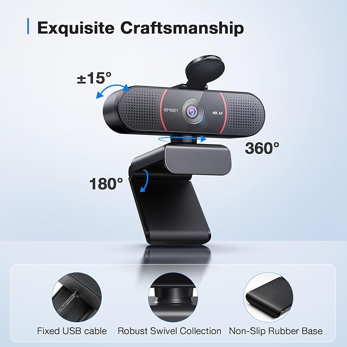 EMEET C960 4K Webcam for PC, 4K UHD CMOS Sensor, PDAF Auto Focus, Dual Omnidirectional Mics, Auto Light Correction, 73° FOV, Plug&Play Webcam w/Privacy Cover, Works w/Zoom/Teams/Skype/Google Meet