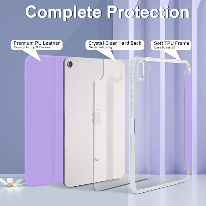 Case for iPad A16 11th Generation 11" 2025, iPad 10th Generation 10.9 Inch 2022, Hybrid Protective Cover with Pencil Holder, Clear Transparent Back Shell Anti-Yellowing Case, Lilac Purple