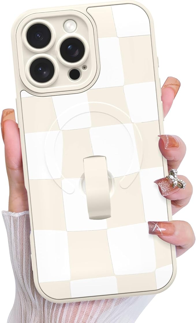 KANGHAR Compatible with iPhone 16 Pro Max Case, Support for MagSafe, Silicone Checkered Cute Pattern, Wristband Kickstand Camera Protection Soft Slim Cover for Girls Women -White