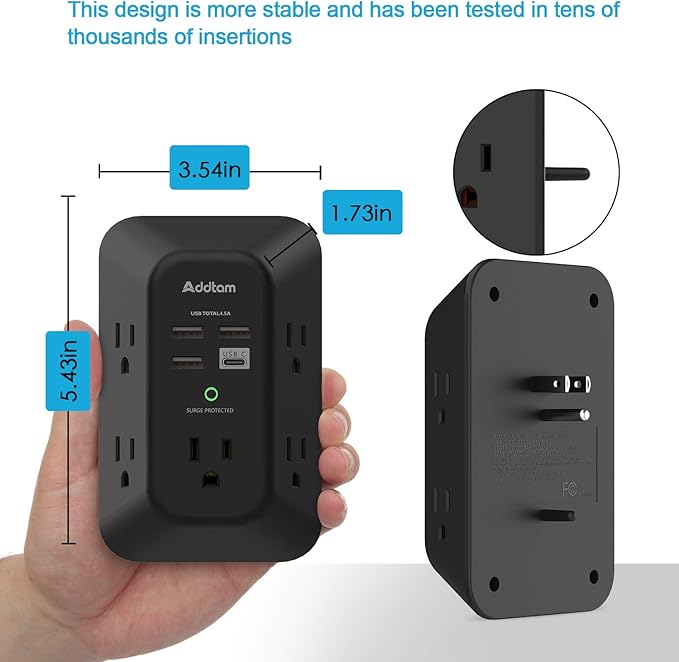 USB Wall Charger Surge Protector - Addtam 5 Outlet Extender with 4 USB Charging Ports (1 USB C), 3-Sided 1800J Power Strip Multi Plug Outlets Adapter Widely Spaced,Black