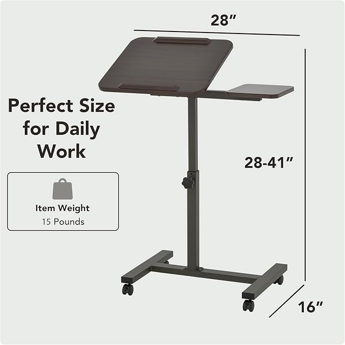 Displays By Jack Adjustable Height Rolling Laptop Desk with Tilting Top & Side Shelf – Mobile Sit Stand Computer Table on Wheels for Home Office, Classroom, Study Room