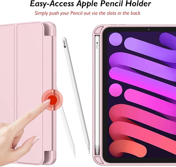 iMieet iPad mini 7 Case 2024 (A17 Pro), iPad mini 6 Case (8.3-Inch,2021 Model), iPad mini 7th/6th Generation Case with Pencil Holder, Trifold Stand Smart Case with Soft TPU Back,Pink