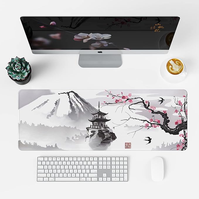 ETZ Japanese Cherry Blossom Mouse Pad (31.5 × 11.8 × 0.12 inch) Extended Large Mouse Mat Desk Pad, Stitched Edges Mousepad,Non-Slip Rubber Base,Gaming Mouse Pad