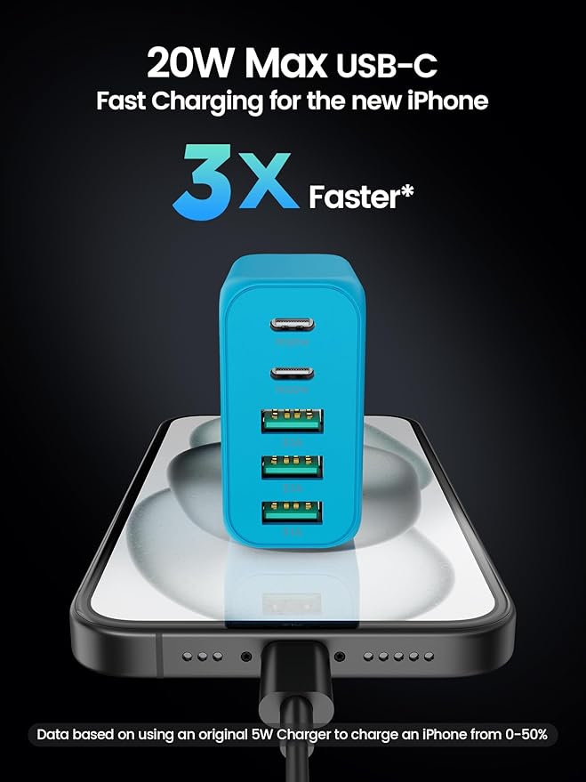 EIZLXQ USB C Charger Block, [2-Pack] Type C Charger Fast Charging,50W 5-Port USB Wall Charger Multiport Type C Charging Block Cube for iPhone 17/16/15/14/13/12/11 Pro Max XS,iPad,Samsung&More-Blue