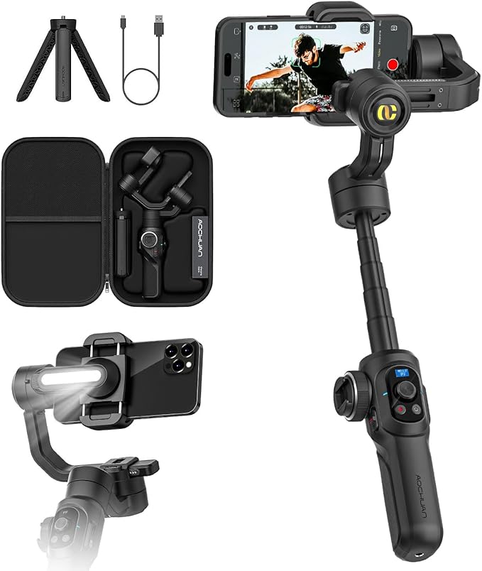 AOCHUAN Professional Gimbal Stabilizer for Smartphone,Built-in 18CM Extension Rod and Powerful Fill Light,360°Inception,Face&Object Tracking Stabilizer,3-Axis Gimbal for iPhone& Android-Smart S2