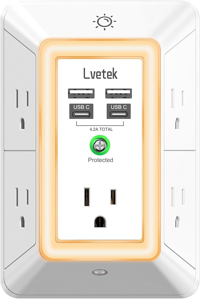Multi Plug Outlet Surge Protector - Lvetek 3-Sided Power Strip with 5 Outlet Extender and 4 USB Ports(2 USB-C) and Night Light, USB Wall Charger for Home, Office, Travel, ETL Listed, White