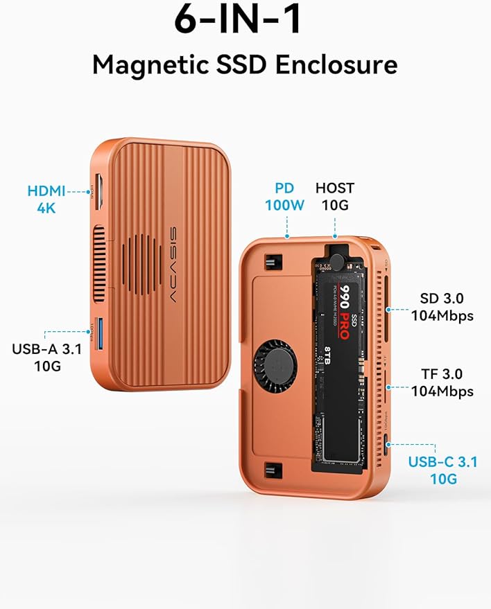 ACASIS 10Gbps Magnetic M.2 NVMe SSD Enclosure With 4K ProRes Recording M.2 EnclosureCompatible IPhone 17/16/15 Pro/Pro Max Magnetic SSD Enclosure with Cooling Fan For Video Editor/Blogger/Videographer