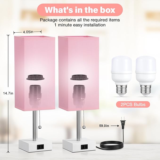 Pink Bedside Table Lamps for Bedroom - Small Nightstand Lamp Set of 2 with AC Outlet Charging Port, 3 Color Temperatures Rectangular Desk Light, Tabletop Reading Lamp for Living Room/Dorm/Office