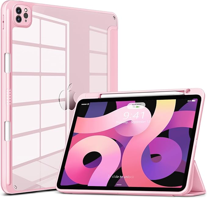 VIKESI for iPad Pro 11 Inch 4th/3rd/2nd/1st Generation Case, iPad Air 11-inch / 5th / 4th Generation Case with Clear Back,Pencil Holder,Auto Sleep/Wake,Camera Protection,Pink