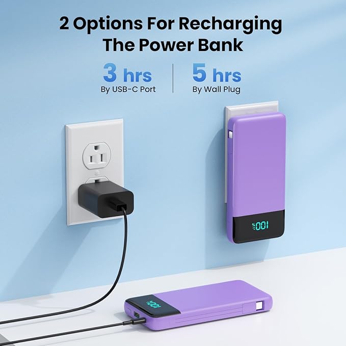 Portable Charger for iPhone,13800mAh Slim Power Bank with Built-in Cables & AC Wall Plug,All in One 4 Outputs USB C Fast Charging Battery Pack for iPhone 17/16/15/14,Android,Travel Essential (Purple)