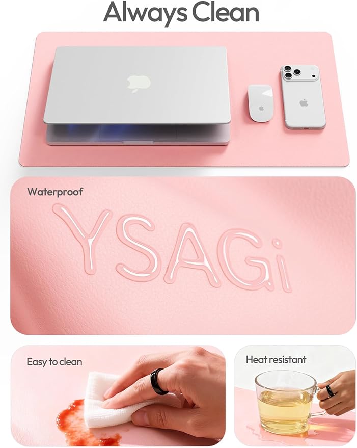 YSAGi Leather Desk Pad Protector, Office Desk Mat, Large Mouse Pad, Non-Slip PU Leather Desk Blotter, Laptop Desk Pad, Waterproof Desk Writing Pad for Office and Home (Light Pink, 47" x 17")