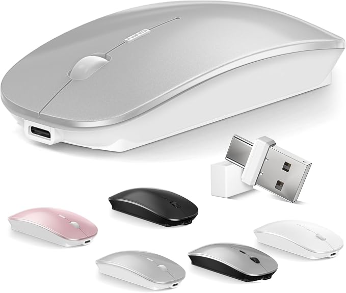 Mouse for MacBook Wireless Bluetooth Mouse Laptop MacBook Air Mac Pro Rechargeable Silent PC iPad Optical Mouse with Dual Mode Switch Bluetooth 5.2/3.0 and 2.4GHz USB Type-C Receiver Silvery