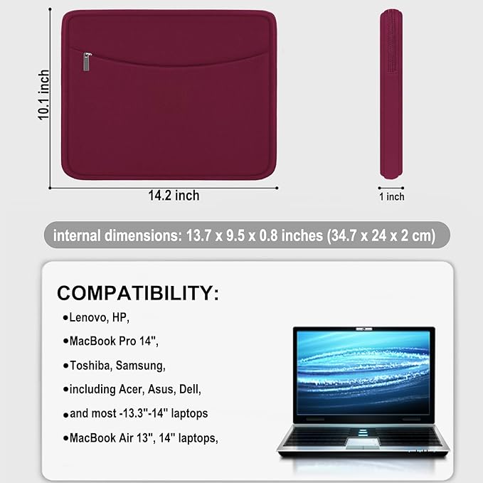 Laptop Sleeve 14 inch, Shockproof Protective Laptop Cover Briefcase Carrying Computer Bag with Accessory Pocket Portable Computer Sleeve for 14" MacBook, HP, Dell, Lenovo, Acer, Wine Red