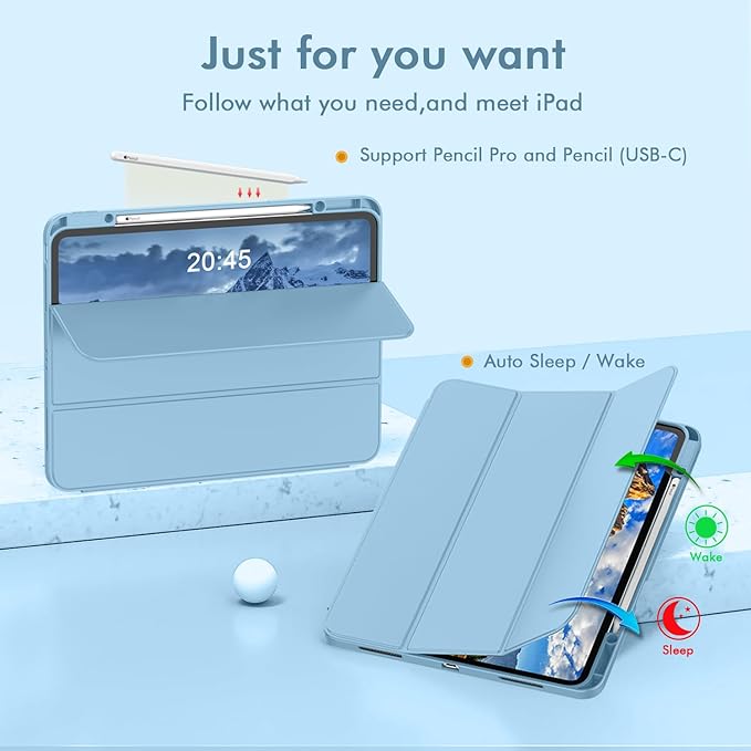 ZryXal New iPad Pro 13 Inch Case (M5) 2025 / (M4) 2024 with Pencil Holder, Smart iPad Case [Support Pencil Pro and Pencil (USB-C)], Support Touch ID and Auto Wake/Sleep (Azure Blue)
