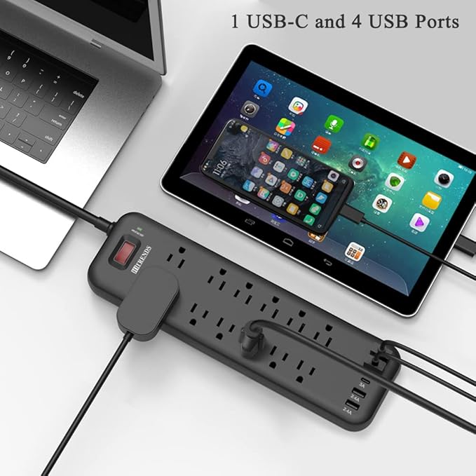 Power Strip Surge Protector with 12 Outlets & 4 USB Ports & 1 USB-C Port (5V/3A), 2360 Joules, Angled Flat Plug, Spaced Outlets & ETL Listed Power Outlet for Home Office - Black
