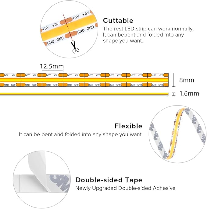 BTF-LIGHTING FCOB COB FOB LED Strip Lights 5V USB Powered 3.28FT 320LEDs Natural White 4000K 8mm Width Dimmable CRI 90+ with 3M Tape Flexible High Density for 3D Printer TV Backlight PC DIY Decor