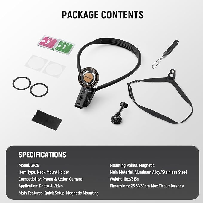 NEEWER Magnetic Neck Holder for Action Camera & Phone, Hands Free Neck Mount with Chest Strap Compatible with GoPro DJI Insta360 iPhone, Neck Phone Holder for POV Vlog Video Recording, GP26