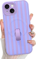 KANGHAR Compatible with iPhone 15 Case, Support for MagSafe, Silicone Stripes Cute Pattern, Wristband Kickstand Camera Protection Soft Slim Cover for Girls Women -Purple