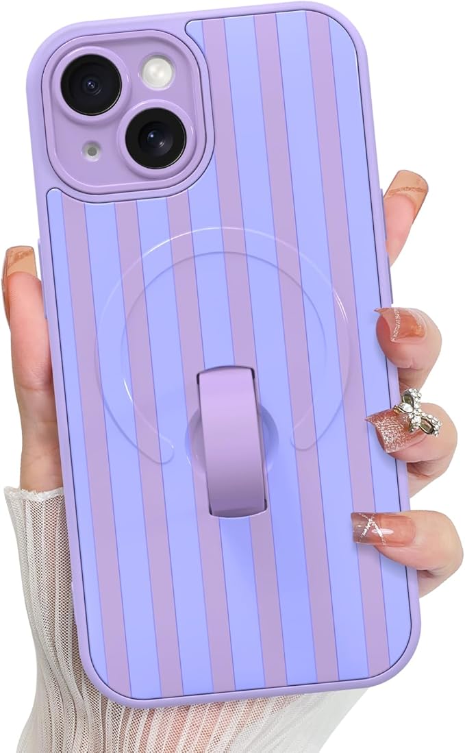 KANGHAR Compatible with iPhone 15 Case, Support for MagSafe, Silicone Stripes Cute Pattern, Wristband Kickstand Camera Protection Soft Slim Cover for Girls Women -Purple